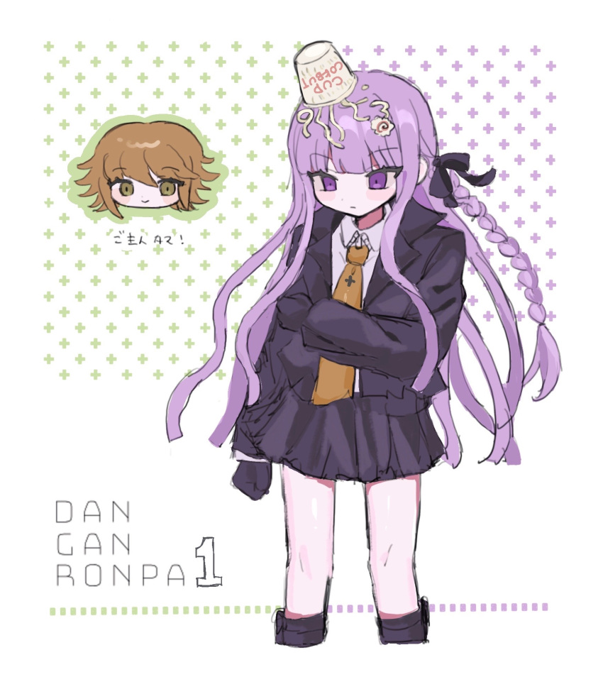 1boy 1girl black_jacket black_ribbon black_skirt braid brown_hair collared_shirt cup cup_on_head danganronpa:_trigger_happy_havoc danganronpa_(series) disposable_cup food food_on_head hair_ribbon head_only highres jacket kirigiri_kyoko miniskirt necktie nissin_cup_noodle object_on_head open_clothes open_jacket orange_necktie pale_skin pink_hair purple_eyes ribbon shirt side_braid skirt translation_request u_u_(16557) white_shirt