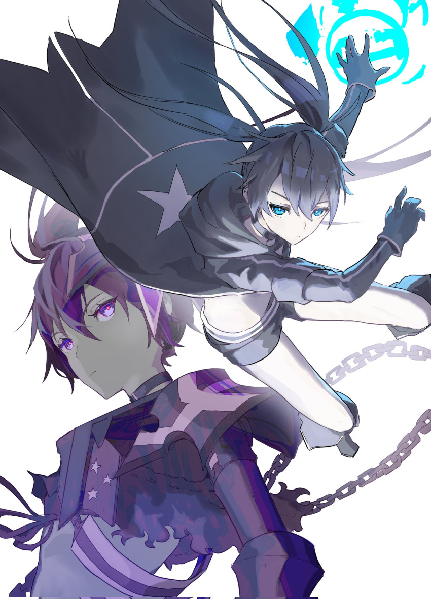 2girls armor belt black_footwear black_hair black_jacket black_rock_shooter black_rock_shooter_(character) black_shorts blue_eyes boots chain gloves highres insane_black_rock_shooter jacket kuthi0510 long_hair multiple_girls purple_eyes purple_hair shorts shoulder_armor twintails