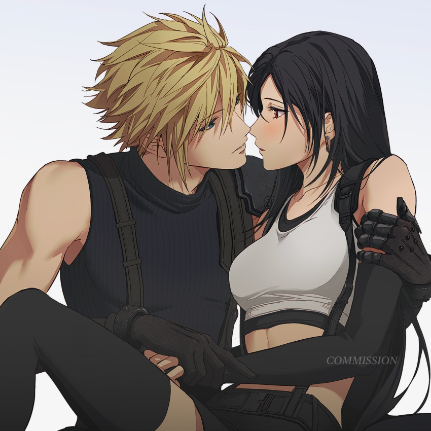 1boy 1girl armor bare_shoulders black_gloves black_hair black_skirt black_sports_bra black_thighhighs blonde_hair blue_eyes blush breasts cloud_strife collarbone commentary commission couple crop_top earrings elbow_gloves eye_contact final_fantasy final_fantasy_vii final_fantasy_vii_rebirth final_fantasy_vii_remake fingerless_gloves gloves hair_between_eyes hand_on_another's_arm highres holding_hands imminent_kiss jewelry knee_up long_hair looking_at_another medium_breasts midriff parted_lips profile red_eyes ribbed_sweater short_hair shoulder_armor simple_background single_bare_shoulder single_earring sitting sitting_on_lap sitting_on_person skirt sleeveless sleeveless_turtleneck sophie_(693432) spiked_hair sports_bra suspender_skirt suspenders sweater tank_top thighhighs tifa_lockhart turtleneck turtleneck_sweater white_tank_top