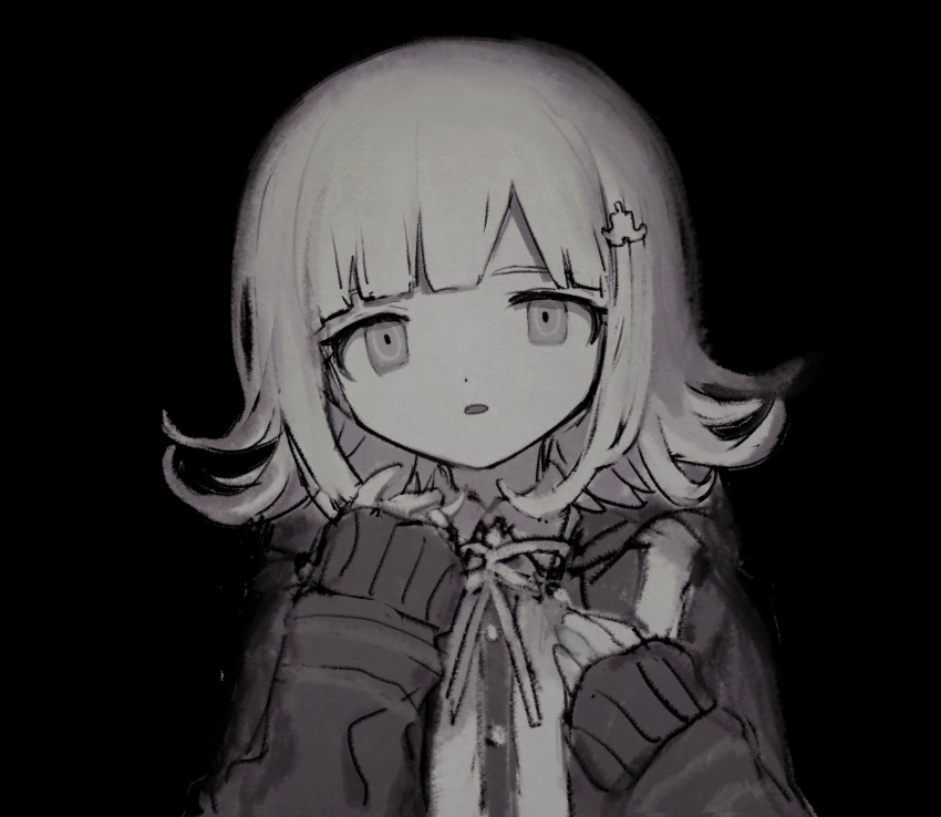 1girl black_background black_jacket black_shirt brown_eyes collared_shirt danganronpa_(series) danganronpa_2:_goodbye_despair dress_shirt flipped_hair grey_shirt highres jacket kai_(pngdrum) light_brown_hair long_sleeves nanami_chiaki neck_ribbon open_clothes open_jacket ribbon shirt simple_background sleeves_past_wrists solo spaceship_hair_ornament upper_body