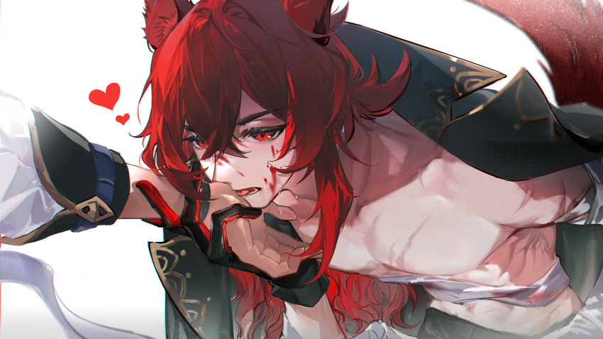 1boy absurdres ahoge animal_ears bandaged_chest bare_pectorals black_coat black_pants blood blood_on_face bruise coat coat_on_shoulders coattails collared_coat diluc_(genshin_impact) dog_ears dog_tail eyelashes genshin_impact gold_trim hair_between_eyes half-closed_eyes heart highres holding_another's_wrist injury kemonomimi_mode licking licking_hand long_sleeves lower_teeth_only male_focus palms pants pectorals red_eyes red_hair scar scar_on_chest scar_on_shoulder short_hair_with_long_locks simple_background solo_focus ste7619 sweat tail teeth thick_eyebrows tongue white_background white_sleeves