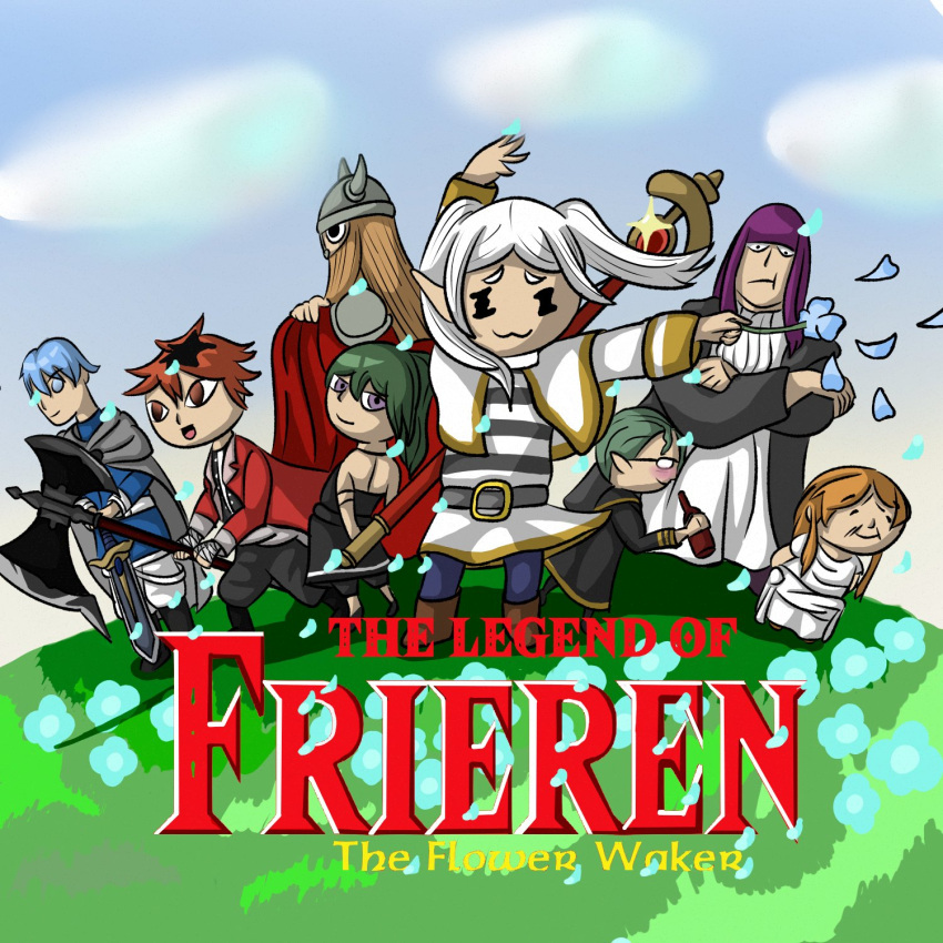 4boys 4girls axe battle_axe bottle fern_(sousou_no_frieren) frieren highres holding holding_axe holding_bottle holding_weapon multiple_boys multiple_girls parody rogueelie sousou_no_frieren staff stark_(sousou_no_frieren) the_legend_of_zelda the_legend_of_zelda:_the_wind_waker ubel_(sousou_no_frieren) weapon wine_bottle