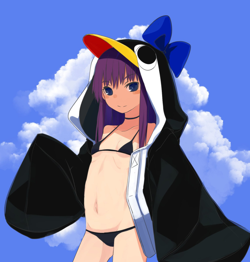 1girl animal_costume animal_hood bikini black_bikini blue_eyes blue_sky breasts choker choumin_z cloud fate/grand_order fate_(series) highres hood hood_up long_hair looking_at_viewer meltryllis_(fate) meltryllis_(swimsuit_lancer)_(fate) meltryllis_(swimsuit_lancer)_(first_ascension)_(fate) navel penguin_costume penguin_hood purple_hair sky small_breasts smile solo swimsuit