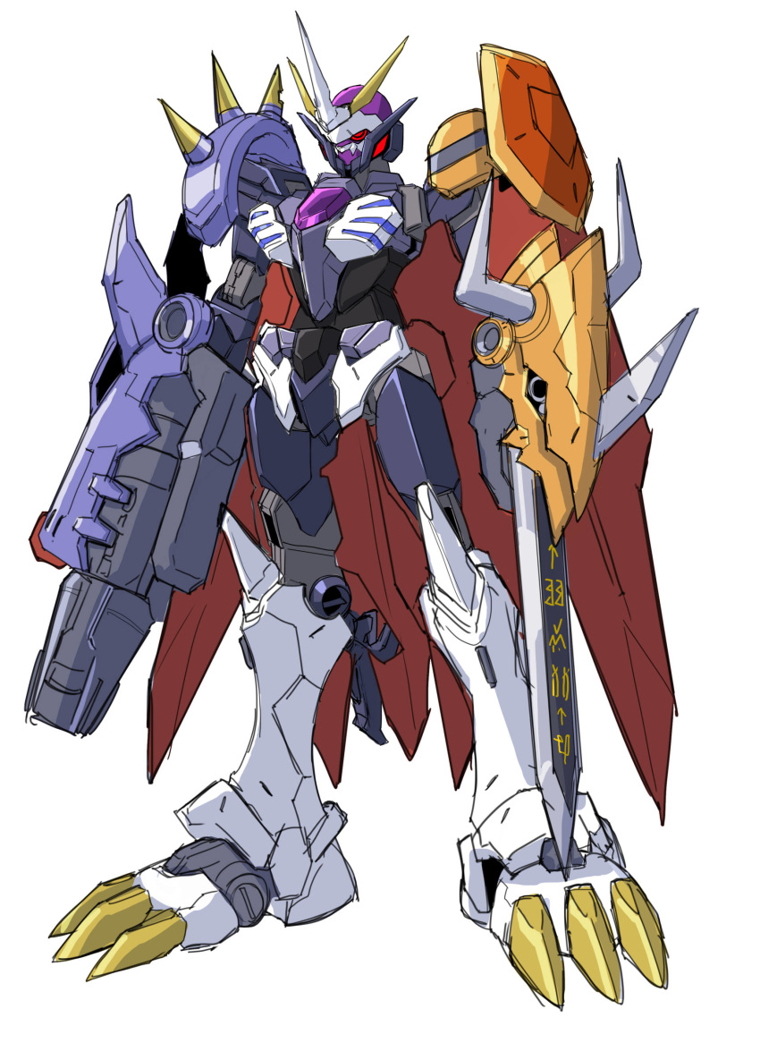 absurdres alus_core_gundam arm_blade arm_cannon clenched_hands crossover digimon fusion glowing glowing_eyes gundam gundam_build_divers gundam_build_divers_re:rise highres mecha no_humans omegamon one-eyed red_eyes solo standing sukekiyo56 v-fin weapon white_background