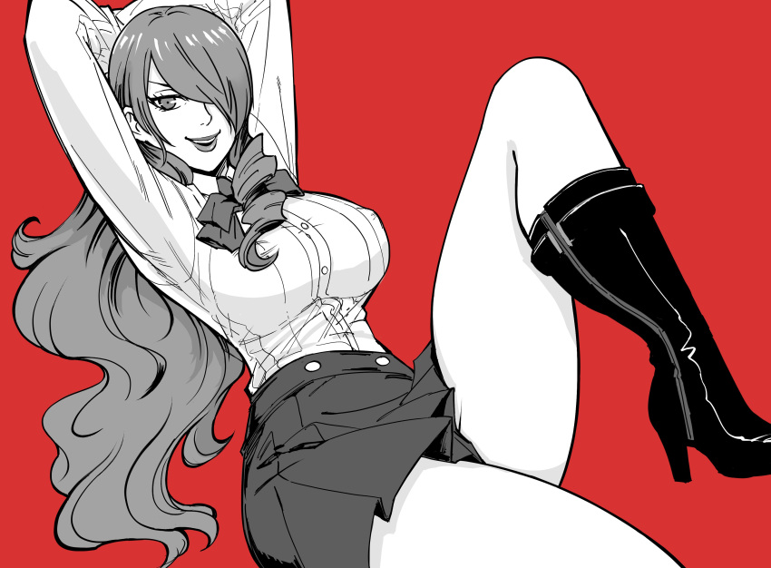 1girl absurdres bb_(baalbuddy) black_footwear boots bow bowtie breasts greyscale_with_colored_background hair_between_eyes high_heel_boots high_heels highres kirijou_mitsuru large_breasts long_hair persona persona_3 persona_3_reload persona_4:_the_ultimate_in_mayonaka_arena red_background shirt simple_background skirt thighs white_shirt