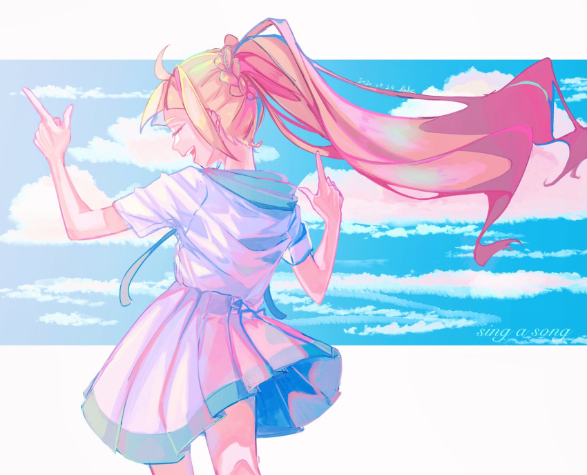 1girl blonde_hair braid closed_eyes cloud cloudy_sky day eyelashes french_braid from_behind high_ponytail highres index_finger_raised lillie_(pokemon) long_hair nape ocean open_mouth partial_background pleated_skirt pokemon pokemon_sm r.aka. shirt skirt sky smile white_shirt white_skirt wind wind_lift
