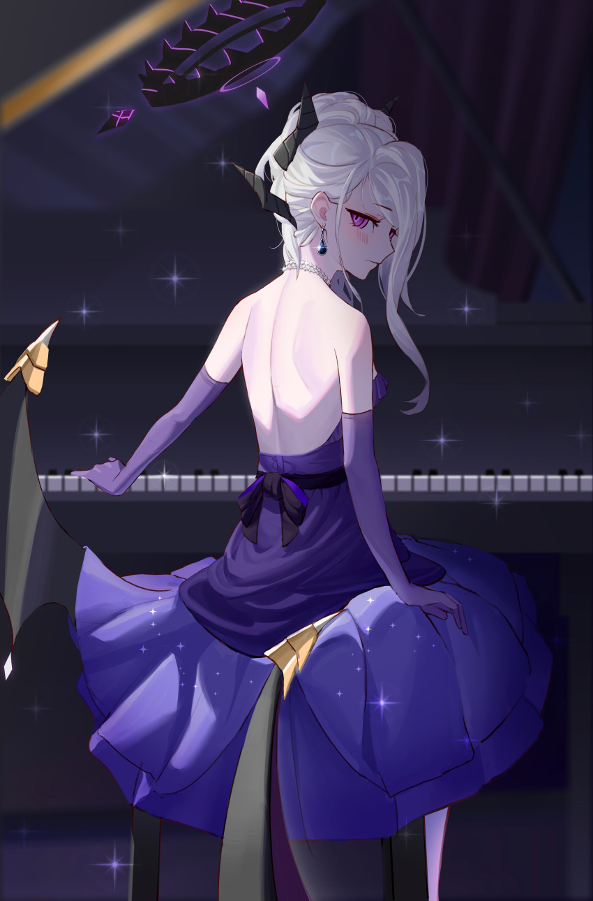 1girl absurdres bare_back bare_shoulders bfs1557897975 blue_archive blurry commentary_request dangle_earrings demon_girl demon_horns demon_wings depth_of_field dress earrings elbow_gloves evening_gown from_behind gloves grand_piano halo head_tilt highres hina_(blue_archive) hina_(dress)_(blue_archive) horns instrument jewelry long_hair looking_at_viewer looking_back necklace official_alternate_costume official_alternate_hairstyle on_bench parted_bangs pearl_necklace piano piano_bench piano_keys ponytail print_dress purple_dress purple_eyes purple_gloves shoulder_blades sidelocks sitting solo strapless strapless_dress wavy_hair white_hair wings