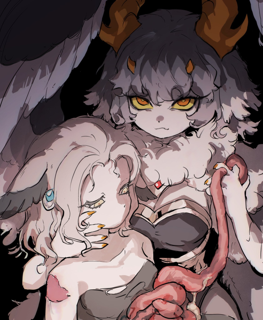 2girls aiara_(cyany) animal_ears black_background breasts bright_pupils claws closed_mouth colored_eyelashes colored_sclera colored_skin colored_tips cyany dark death empty_eyes english_commentary feathered_wings grey_hair grey_skin grey_wings guro half-closed_eyes hand_on_another's_face highres holding horns injury intestines large_breasts looking_at_viewer monster_girl multicolored_hair multiple_girls multiple_horns murder neck_fur orange_eyes orange_horns original short_hair simple_background smile upper_body white_pupils wings yellow_sclera