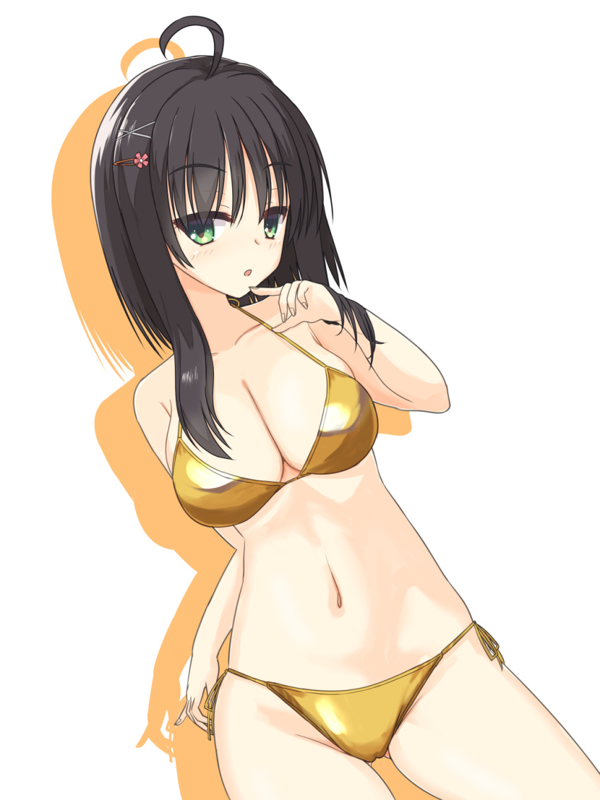 1girl :o ahoge alternate_costume arm_at_side ass_visible_through_thighs bare_arms bare_shoulders bikini black_hair blush breasts cameltoe cleavage commentary_request cowboy_shot curvy drop_shadow eyes_visible_through_hair gold_bikini green_eyes groin hair_between_eyes hair_ornament hairclip halterneck hand_up highres hitachi_mako large_breasts looking_at_viewer navel open_mouth senren_banka shirayamakoma short_hair_with_long_locks side-tie_bikini_bottom solo stomach straight_hair swimsuit tsurime x_hair_ornament