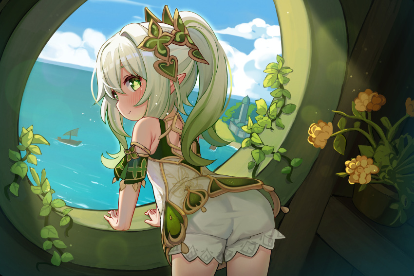 1girl absurdres arm_support ass bloomers blush cloud day dress flower from_behind genshin_impact green_eyes hair_ornament highres leaning_forward long_hair looking_back luxuriou_s nahida_(genshin_impact) ocean plant pointy_ears potted_plant scenery short_dress side_ponytail sky sleeveless sleeveless_dress smile solo thighs white_bloomers white_dress white_hair window