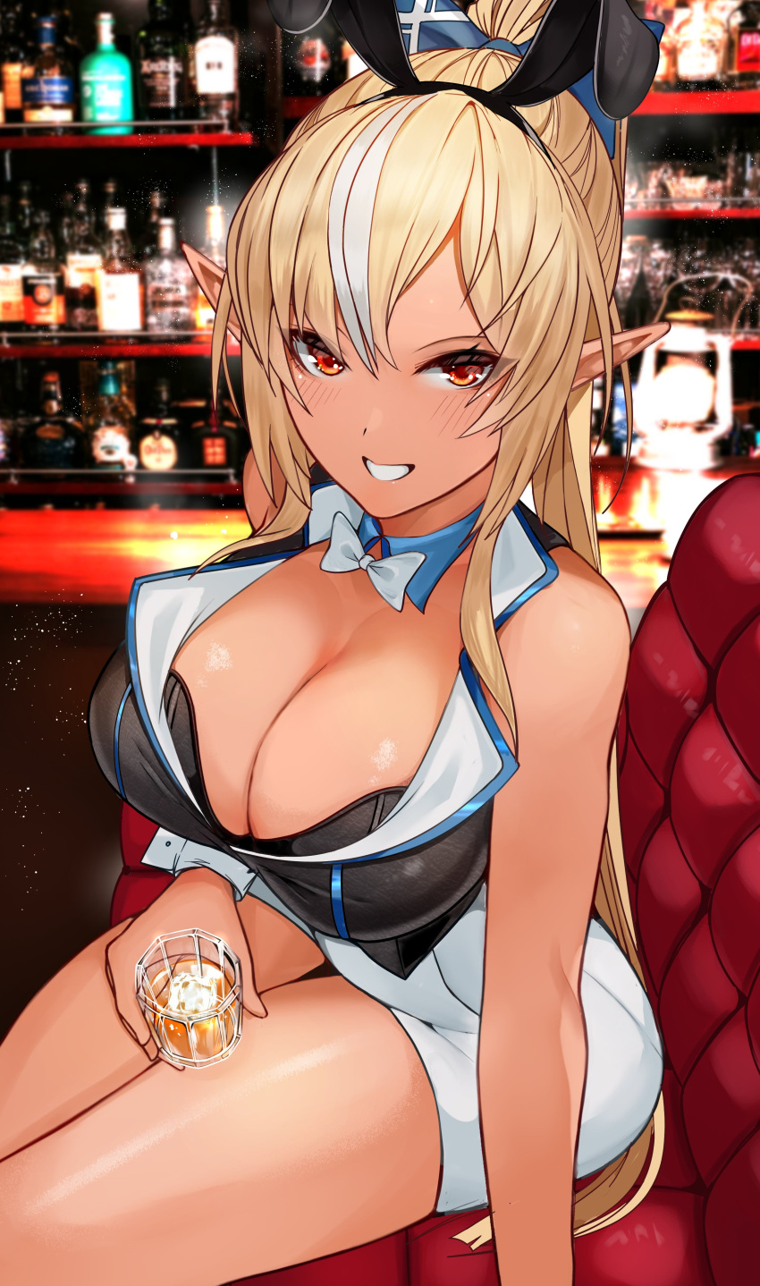 1girl absurdres blonde_hair blush bow bra breasts cleavage dark-skinned_female dark_elf dark_skin elf hair_bow high_ponytail highres hololive large_breasts long_hair looking_at_viewer multicolored_hair open_mouth playboy_bunny pointy_ears ponytail red_eyes shiranui_flare sidelocks smile solo streaked_hair tomo0843 underwear virtual_youtuber