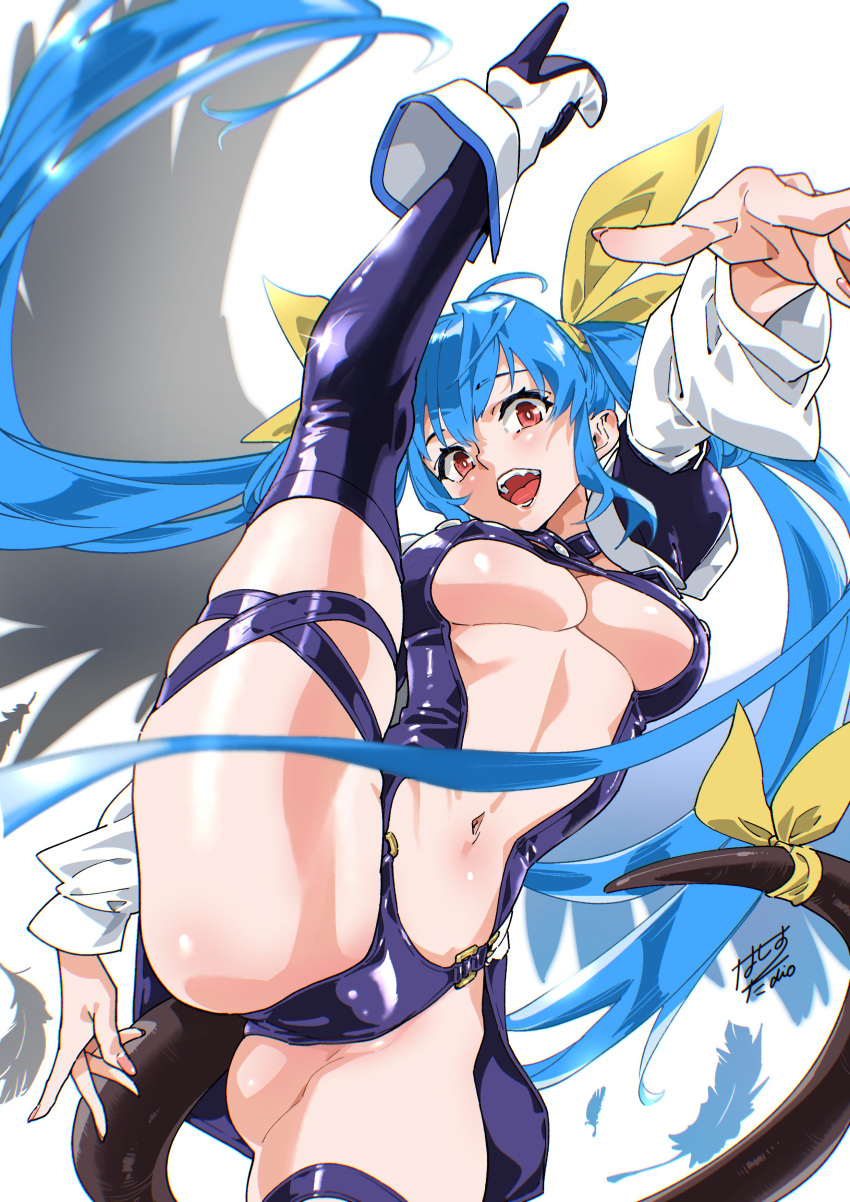 1girl absurdres angel_wings blue_hair boots breasts commission dizzy_(guilty_gear) groin guilty_gear hashiguchi_takashi high_heel_boots high_heels highres large_breasts long_hair looking_at_viewer monster_girl navel open_mouth red_eyes revealing_clothes skeb_commission skindentation smile split standing standing_on_one_leg standing_split tail thigh_boots thigh_strap underboob very_long_hair wings