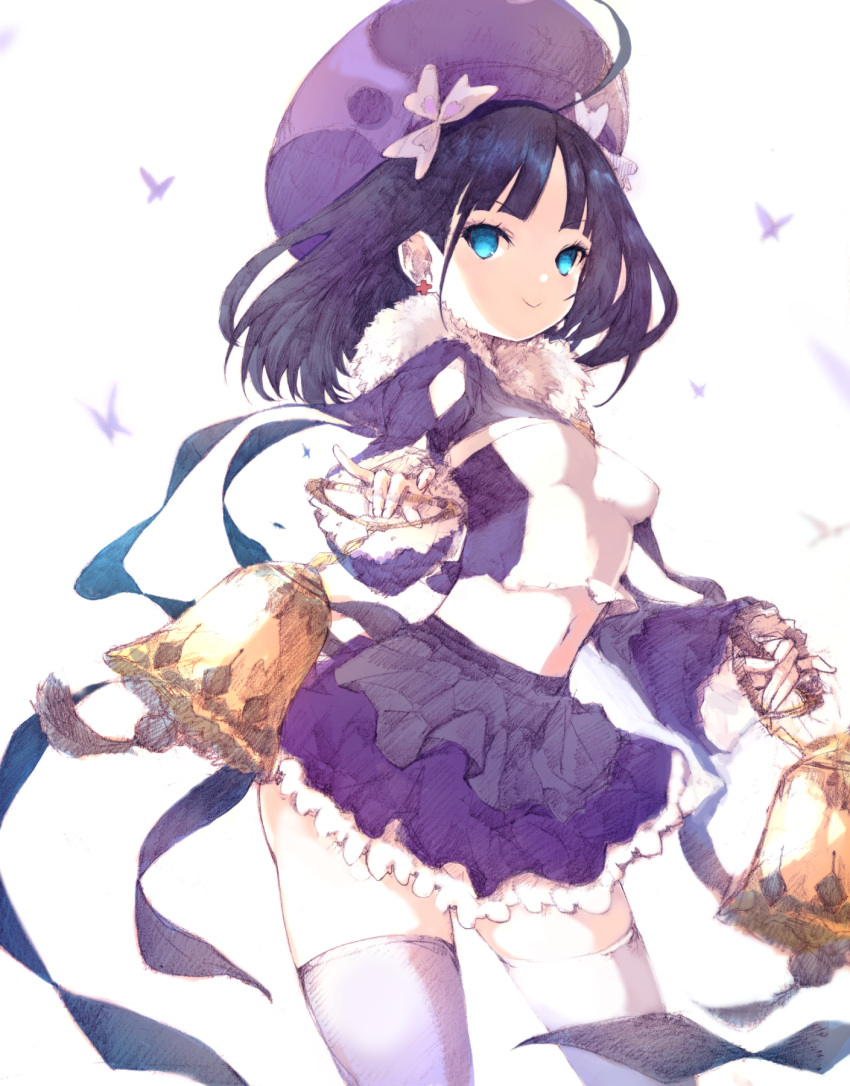 1girl bell blue_eyes breasts crop_top earrings fur_collar galleria_no_chika_meikyuu_to_majo_no_ryodan hat highres jewelry kakuwashi long_hair looking_at_viewer navel purple_hair skirt small_breasts smile solo theatrical_dolce thighhighs