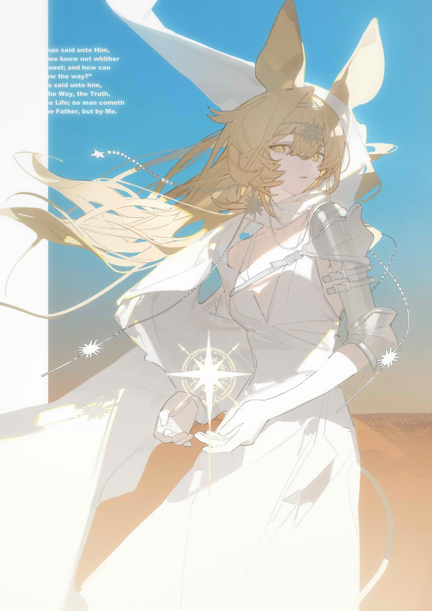 1girl absurdres animal_ears arknights blonde_hair breasts cowboy_shot dorothy_(arknights) dress elbow_gloves floating floating_hair gloves hair_between_eyes highres jacknife long_hair looking_at_viewer mouse_ears mouse_girl open_hands orb parted_lips rerebrace sidelocks sleeveless sleeveless_dress small_breasts solo very_long_hair white_dress white_gloves yellow_eyes