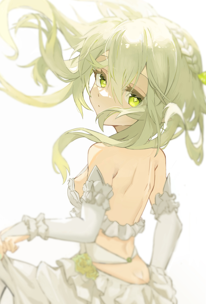 1girl absurdres bare_back blurry blurry_edges braid breasts bridal_gauntlets butt_crack closed_mouth dress eyelashes floating_hair flower from_behind genshin_impact green_eyes green_flower green_rose highres light looking_at_viewer nahida_(genshin_impact) o-ring pointy_ears rose side_braid side_ponytail sidelocks simple_background single_braid small_breasts strapless strapless_dress symbol-shaped_pupils wedding_dress white_background white_bridal_gauntlets white_dress white_hair wind