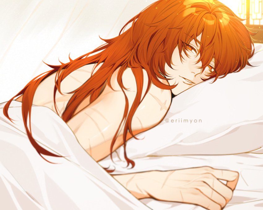 1boy back diluc_(genshin_impact) eriimyon from_side genshin_impact highres indoors long_hair looking_at_viewer lying on_bed on_stomach open_mouth orange_eyes red_hair scar solo sunlight topless topless_male under_covers window