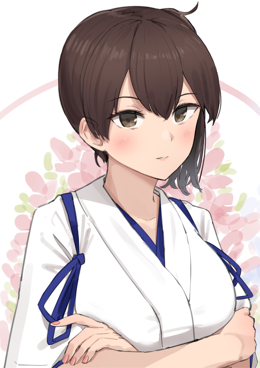 1girl breasts brown_hair commentary_request crossed_arms double-parted_bangs floral_background hair_between_eyes highres japanese_clothes kaga_(kancolle) kantai_collection kimono large_breasts light_blush looking_at_viewer medium_hair osananajimi_neko pink_lips revision side_ponytail solo upper_body white_kimono