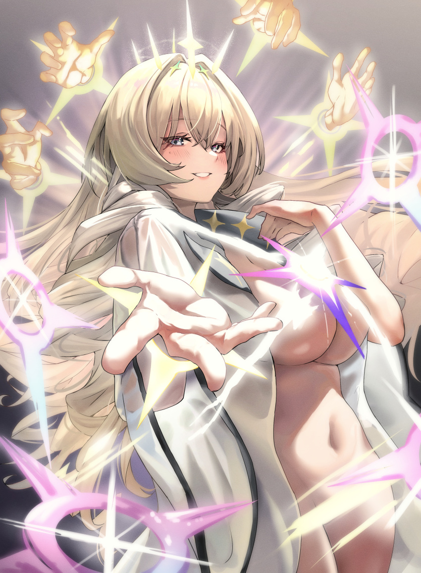 1girl absurdres blonde_hair blue_eyes blush breasts crown_(naked_king)_(nikke) crown_(nikke) drill_hair english_commentary goddess_of_victory:_nikke grey_background hair_intakes highres jindogod large_breasts light_censor light_particles long_hair looking_at_viewer naked_shirt navel official_alternate_costume outstretched_arm shirt simple_background solo stomach too_many_drills upper_body white_shirt