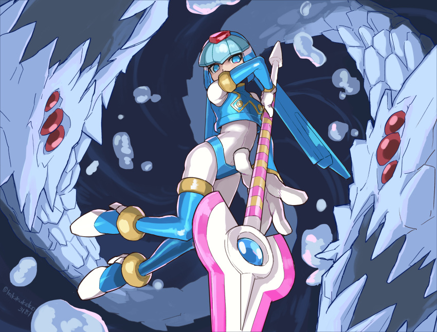 1girl armor blue_armor blue_eyes blue_footwear blue_helmet boots crop_top dragon fairy_leviathan_(mega_man) forehead_jewel full_body helmet high_heel_boots high_heels highres holding holding_pole ice kakikuyeko3181 mega_man_(series) mega_man_zero_(series) pole polearm solo spear thigh_boots weapon