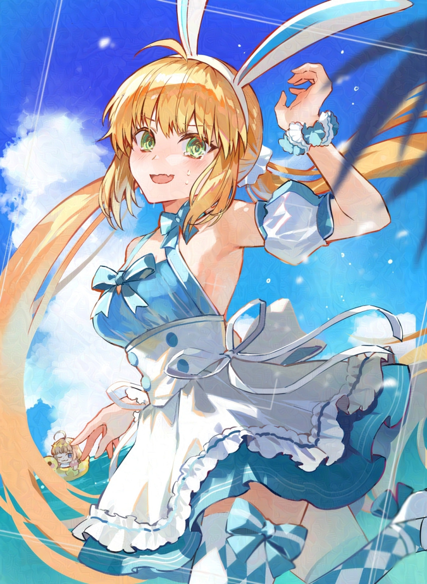 1girl ahoge animal_ear_hairband animal_ears argyle_clothes argyle_legwear argyle_thighhighs artoria_caster_(fate) artoria_caster_(swimsuit)_(fate) artoria_caster_(swimsuit)_(second_ascension)_(fate) artoria_pendragon_(fate) bare_shoulders beach blonde_hair blue_dress blue_thighhighs blush bow bow_legwear breasts checkered_thighhighs chibi cowboy_shot dress dress_bow fake_animal_ears fate/grand_order fate_(series) food fruit green_eyes hairband highres long_hair looking_at_viewer medium_breasts nervous_sweating oberon_(fate) outdoors pineapple pineapple_slice poppoman puffy_short_sleeves puffy_sleeves rabbit_ears short_sleeves smile striped_clothes striped_thighhighs sweat tearing_up thighhighs twintails two-tone_thighhighs vertical-striped_clothes vertical-striped_thighhighs