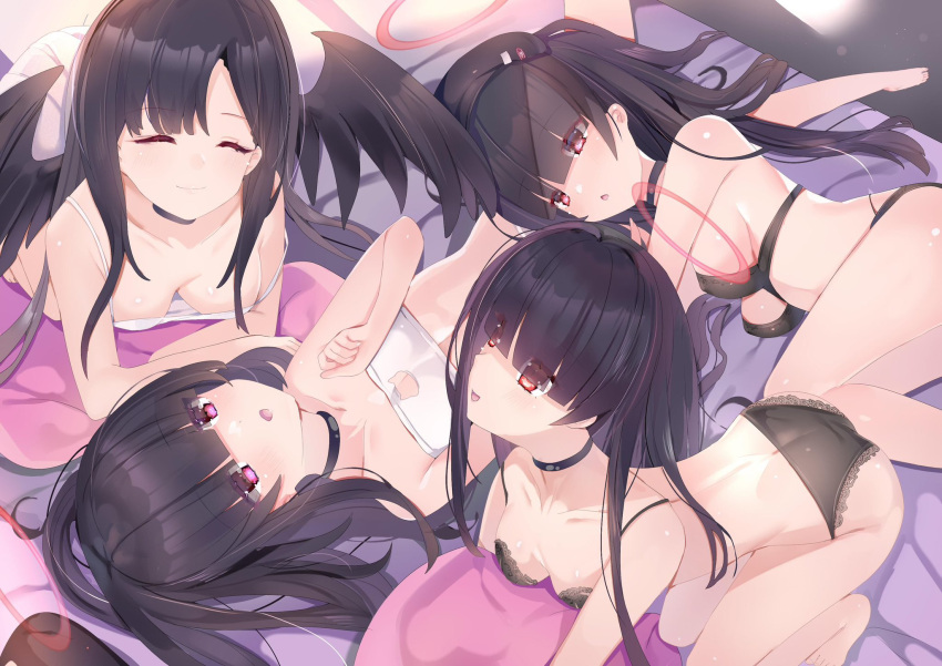 4girls :d ^_^ all_fours ass bar_censor bare_arms barefoot black_bra black_hair black_panties black_wings blue_archive blunt_bangs blush bra breasts cat_lingerie censored chestnut_mouth chinese_commentary cleavage closed_eyes closed_mouth collarbone commentary_request downblouse eyelashes eyes_visible_through_hair facing_another feathered_wings hair_spread_out halo happy highres hugging_object ichika_(blue_archive) imoe_(1017933989) indoors justice_task_force_member_(blue_archive) lace-trimmed_bra lace-trimmed_panties lace_trim lap_pillow large_breasts lingerie long_hair looking_at_another looking_at_viewer lying medium_breasts meme_attire multiple_girls on_back on_bed on_side on_stomach open_mouth panties pink_eyes red_eyes red_halo sideboob sidelocks smile straight_hair strap_slip thighs tsurime underwear underwear_only white_bra wings