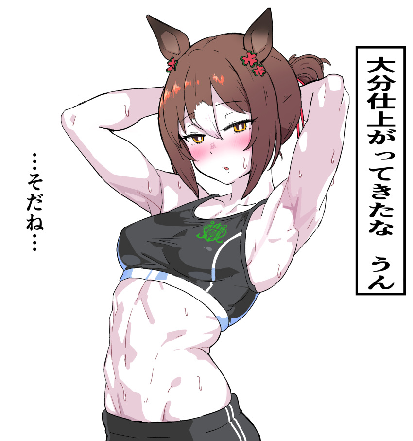 1girl abs animal_ears armpits arms_up black_pants black_sports_bra breasts brown_hair chestnut_mouth clover_hair_ornament commentary_request fine_motion_(umamusume) groin hair_between_eyes hair_bun hair_ornament highres horse_ears horse_girl looking_at_viewer midriff multicolored_hair muscular navel pants short_hair simple_background small_breasts solo sports_bra streaked_hair translation_request umamusume upper_body white_background white_hair yaki_apple