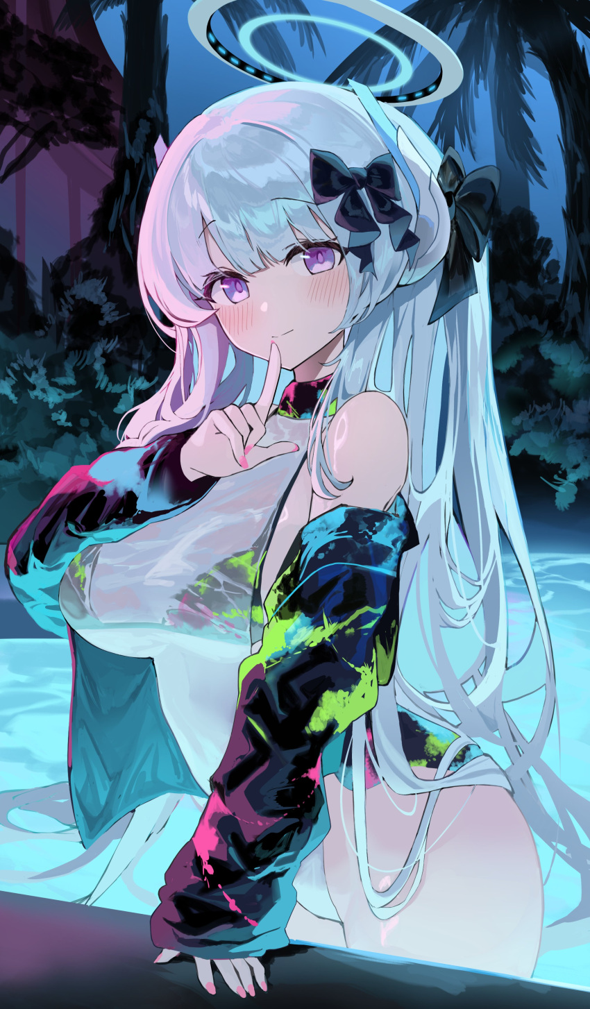 1girl absurdres alternate_costume bikini black_bikini black_bow blue_archive blush bow breasts closed_mouth commentary_request cowboy_shot finger_to_mouth grey_hair hair_bow halo highres jacket kabedoru large_breasts long_hair long_sleeves looking_at_viewer mechanical_halo night night_sky noa_(blue_archive) open_clothes open_jacket outdoors palm_tree partially_submerged pool purple_eyes revision sky smile solo swimsuit tree