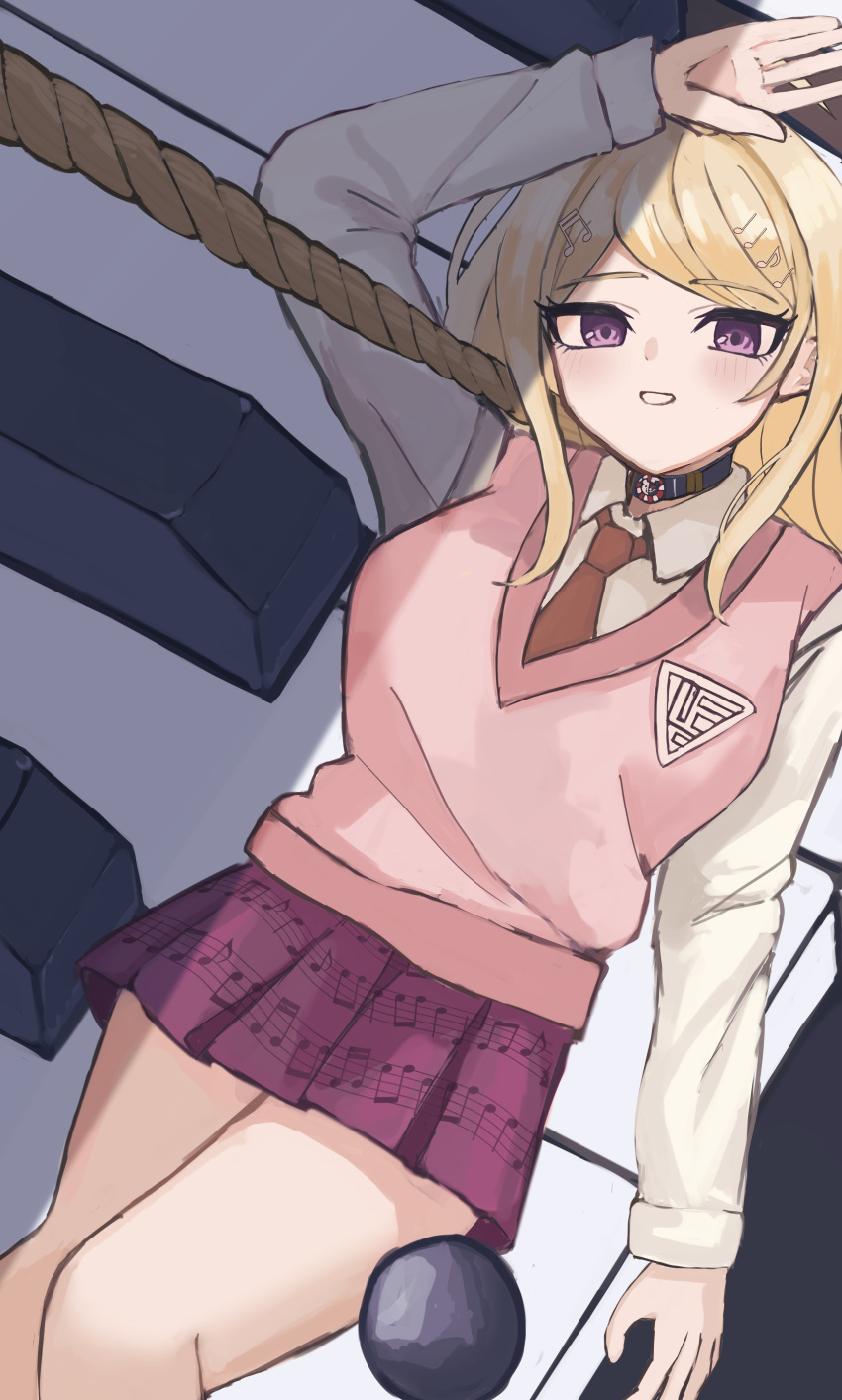 1girl absurdres akamatsu_kaede ball blonde_hair blush choker collared_shirt danganronpa_(series) danganronpa_v3:_killing_harmony highres long_hair miniskirt necktie pink_eyes pink_skirt pink_sweater_vest pleated_skirt red_necktie rope shirt skirt solo sweater_vest teeth toga_no