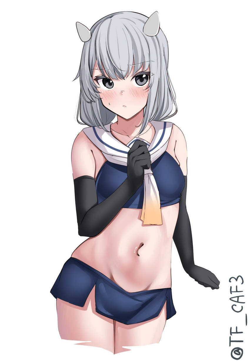 1girl black_gloves blue_skirt cowboy_shot crop_top elbow_gloves embarrassed fake_horns gloves grey_eyes grey_hair grey_neckerchief hair_ornament highres horned_headwear horns i-201_(kancolle) kantai_collection long_hair looking_at_viewer neckerchief nontraditional_school_swimsuit pencil_skirt sailor_collar school_swimsuit skirt solo sweatdrop swimsuit tf_cafe twitter_username white_background white_neckerchief white_sailor_collar x_hair_ornament