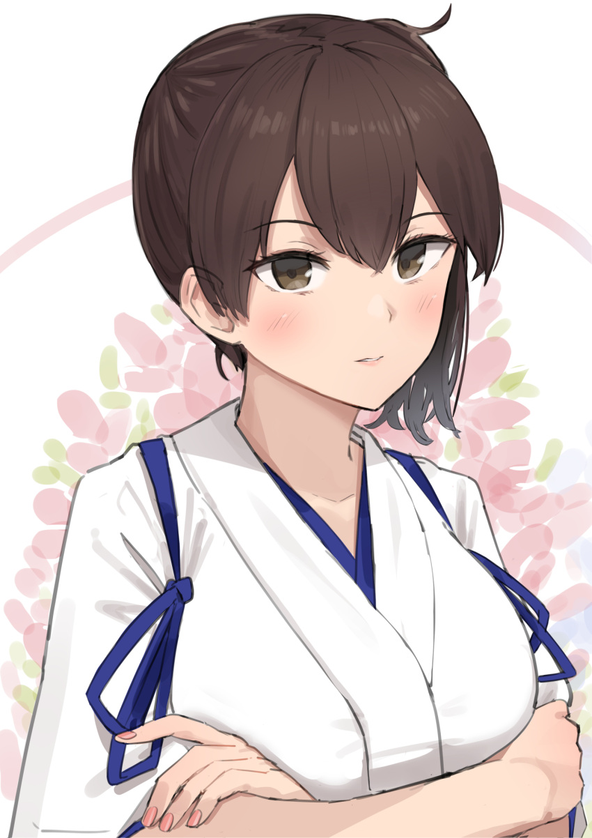 1girl brown_hair commentary_request crossed_arms double-parted_bangs floral_background hair_between_eyes highres japanese_clothes kaga_(kancolle) kantai_collection kimono light_blush looking_at_viewer medium_hair osananajimi_neko pink_lips revision side_ponytail solo upper_body white_kimono