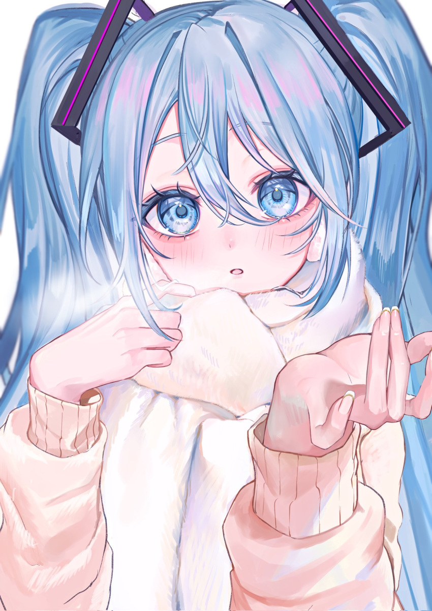 1girl blue_eyes blue_hair blush breath hair_ornament hanayoi_mishiro hatsune_miku highres long_hair long_sleeves looking_at_viewer open_mouth scarf solo twintails upper_body vocaloid