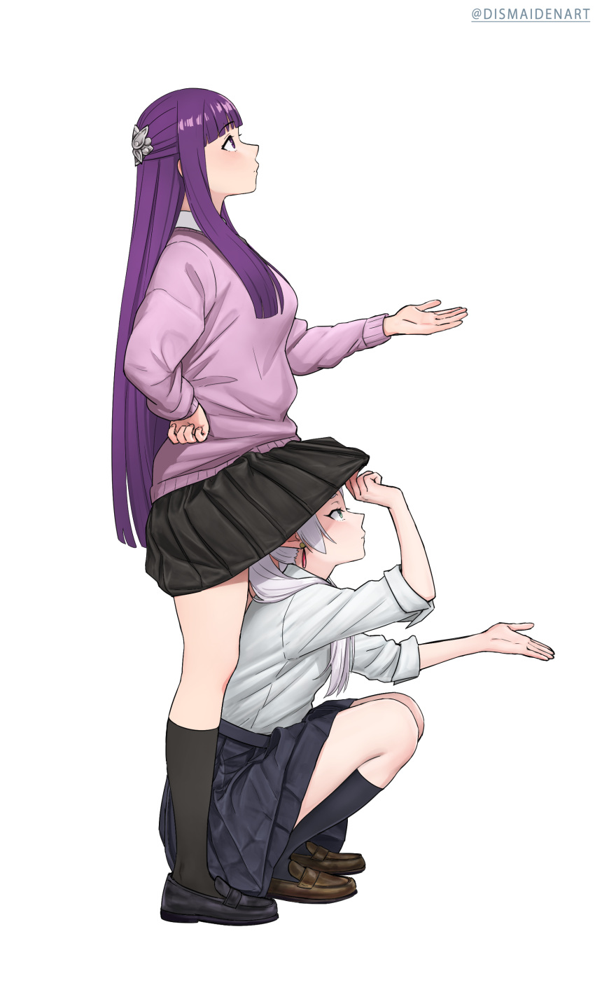 2girls absurdres alternate_costume black_skirt blunt_bangs blush breasts clothes_lift commentary contemporary dismaiden elf english_commentary fern_(sousou_no_frieren) frieren highres lifting_another's_clothes long_hair long_sleeves miniskirt multiple_girls patreon_logo pleated_skirt pointy_ears purple_eyes purple_hair purple_sweater school_uniform shirt sidelocks simple_background skirt skirt_lift sousou_no_frieren sweater taking_shelter twintails white_background white_shirt