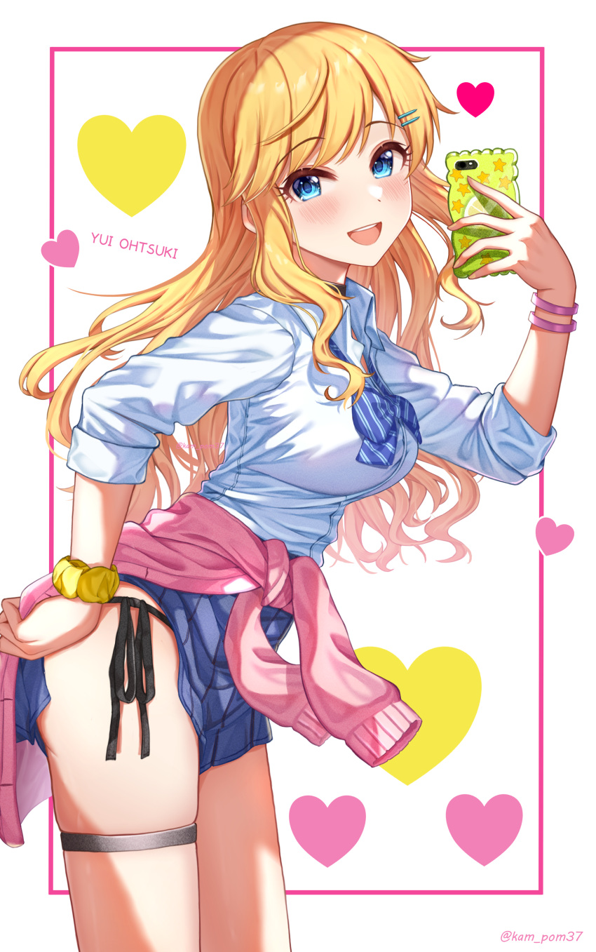 1girl absurdres artist_name blonde_hair blue_bow blue_bowtie blue_eyes blue_skirt blush border bow bowtie breasts character_name clothes_around_waist commentary_request diagonal-striped_bow diagonal-striped_bowtie diagonal-striped_clothes dot_nose gyaru hair_ornament heart highres holding holding_phone idolmaster idolmaster_cinderella_girls jacket jacket_around_waist leaning_forward looking_at_viewer medium_breasts ohtsuki_yui open_mouth panties phone pink_border pink_bracelet pink_jacket pleated_skirt school_uniform scrunchie shirt side-tie_panties side-tie_peek simple_background skindentation skirt sleeves_rolled_up smile solo striped_clothes thigh_strap thighs underwear wavy_hair white_background white_shirt wrist_scrunchie yellow_scrunchie yugao_(kam_pom37)