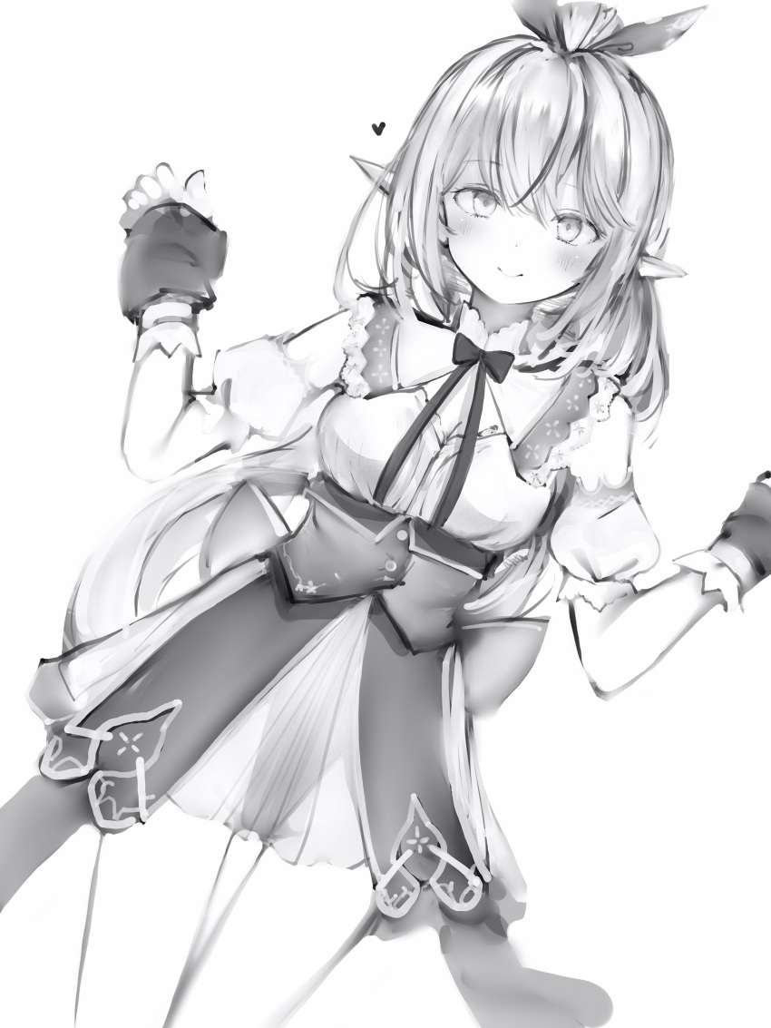 1girl absurdres bare_arms blush breasts cowboy_shot gloves greyscale hair_between_eyes hair_ribbon hands_up heart high_ponytail highres hololive long_hair looking_at_viewer medium_breasts monochrome nanashi_(nlo) official_alternate_costume pointy_ears puffy_short_sleeves puffy_sleeves ribbon short_sleeves simple_background smile solo thigh_gap very_long_hair virtual_youtuber yukihana_lamy yukihana_lamy_(5th_costume)