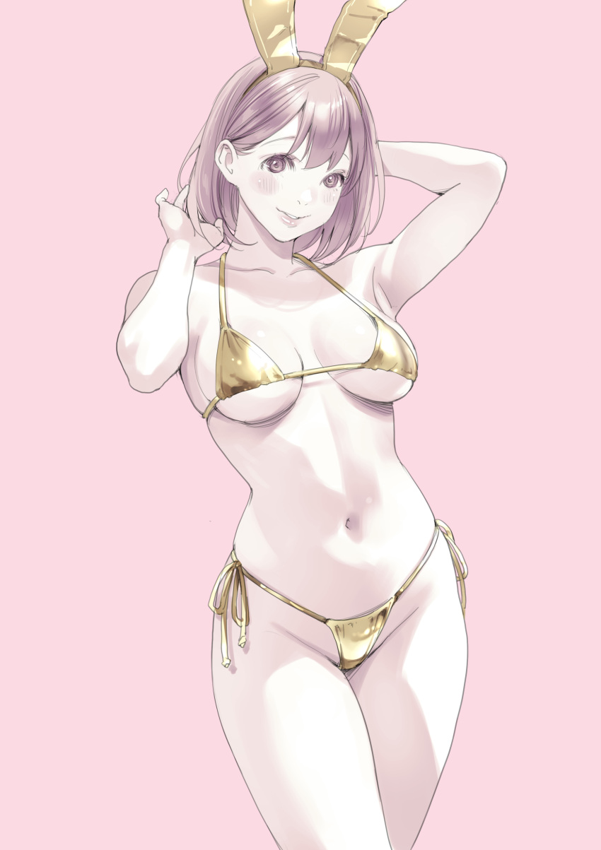 1girl absurdres animal_ears bikini breasts cowboy_shot fake_animal_ears gold_bikini highres looking_at_viewer macosee medium_breasts monochrome navel original pink_background short_hair side-tie_bikini_bottom smile solo spot_color swimsuit