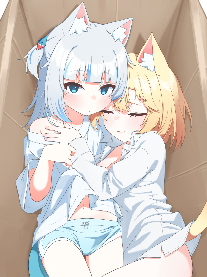 2girls absurdres alternate_costume animal_ears blonde_hair blue_eyes blue_hair blue_shorts blunt_bangs box bra_strap breasts cardboard_box cat_ears cat_girl cat_tail cleavage closed_eyes closed_mouth collared_shirt commentary_request dolphin_shorts dress_shirt fins fish_tail gawr_gura grey_hair hair_ornament highres hololive hololive_english hug in_box in_container knees_out_of_frame korean_commentary large_breasts long_sleeves looking_at_viewer lying medium_hair midriff_peek multicolored_hair multiple_girls naked_shirt navel no_pants on_back on_side oversized_clothes oversized_shirt shark_girl shark_hair_ornament shark_tail shirt short_hair short_shorts shorts sidelocks sleeves_past_wrists smile streaked_hair t-shirt tail two_side_up ugaaaa1 virtual_youtuber watson_amelia white_shirt