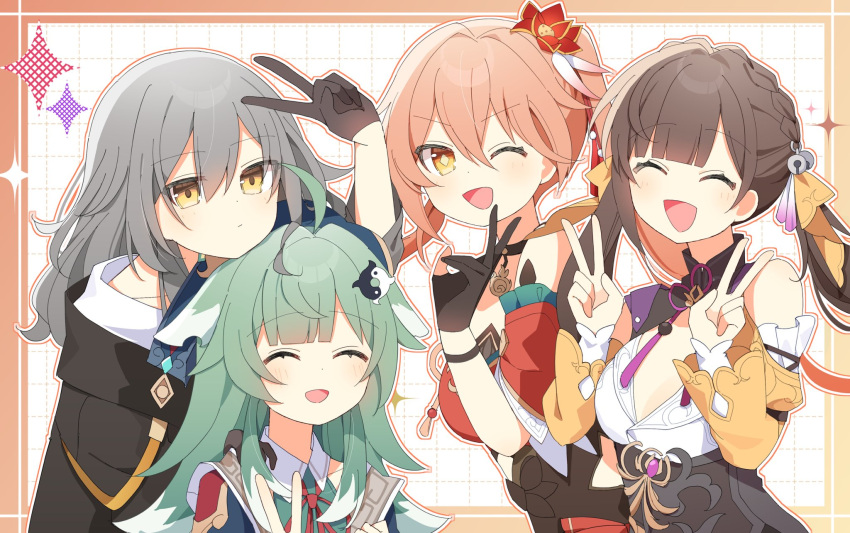 4girls :d ahoge bare_shoulders black_gloves black_jacket breasts brown_hair closed_eyes closed_mouth gloves green_hair grey_hair guinaifen_(honkai:_star_rail) hair_between_eyes hair_ornament half_gloves hand_up highres honkai:_star_rail honkai_(series) huohuo_(honkai:_star_rail) jacket large_breasts long_hair long_sleeves looking_at_viewer medium_hair multiple_girls one_eye_closed open_mouth orange_hair partially_fingerless_gloves ponytail shirt smile stelle_(honkai:_star_rail) sushang_(honkai:_star_rail) trailblazer_(honkai:_star_rail) twintails upper_body uwasewau v white_shirt yellow_eyes yin_yang_hair_ornament