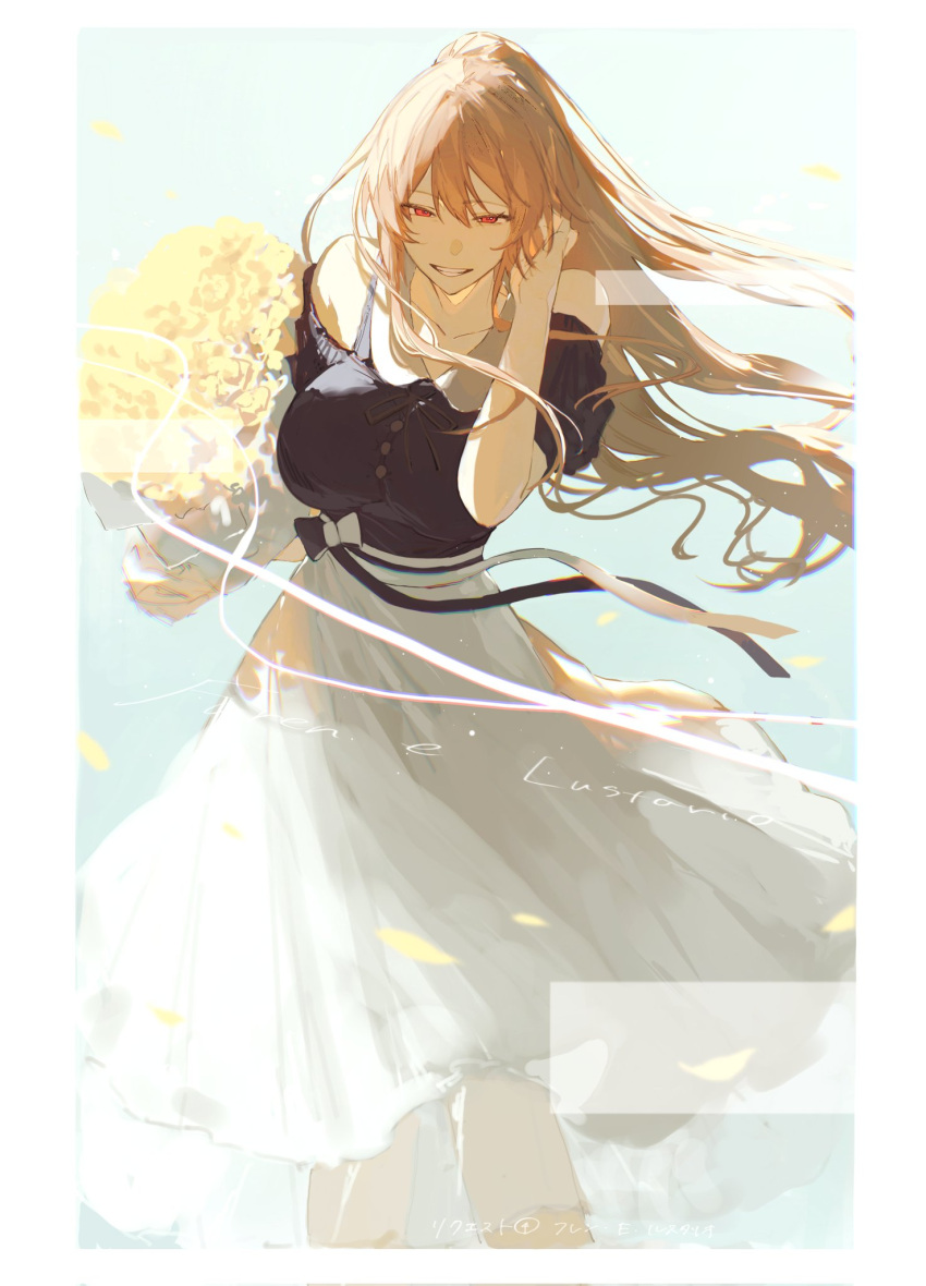 belt black_shirt bouquet bow buttons character_name falling_petals flower furen_e_lustario grin hair_between_eyes hand_up highres holding holding_bouquet holding_flower light long_hair long_skirt looking_at_viewer nijisanji no_aid orange_hair parted_bangs parted_lips petals ponytail red_eyes ribbon shirt sidelocks skirt smile sunlight white_skirt wind yellow_flower