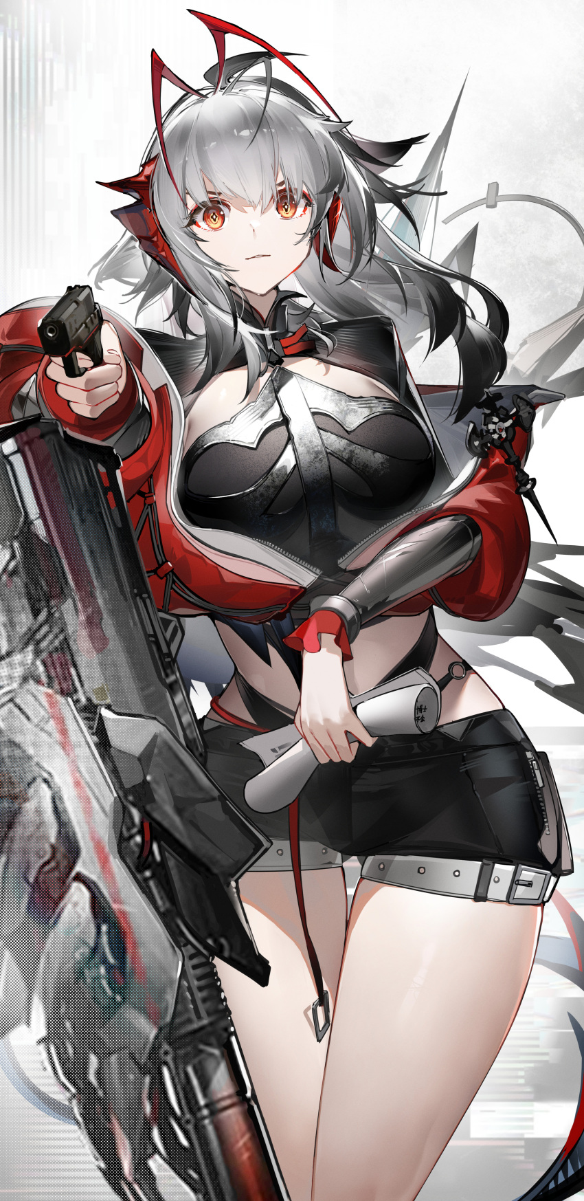 1girl absurdres antennae arknights black_shorts breasts cowboy_shot crop_top cropped_jacket grey_hair gun handgun highres holding holding_gun holding_weapon jacket large_breasts long_hair looking_at_viewer open_clothes open_jacket parted_lips red_eyes red_jacket shorts solo standing thigh_gap weapon white_background wis'adel_(arknights) yushe_quetzalli