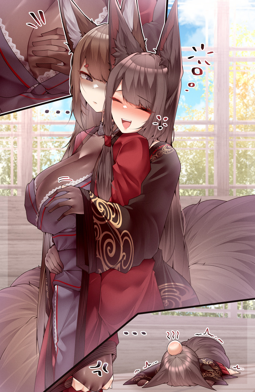 ... 2girls absurdres akagi_(azur_lane) amagi_(azur_lane) anger_vein animal_ears azur_lane black_kimono blush breasts brown_hair commentary_request day eyeshadow fox_ears fox_girl fox_tail from_side frown grabbing grabbing_another's_breast groping hair_ornament hairclip hand_on_another's_stomach happy highres indoors japanese_clothes kimono kitsune large_breasts long_hair looking_at_another looking_back lying makeup multiple_girls multiple_tails on_stomach open_mouth pleated_skirt purple_eyes red_eyeshadow red_kimono red_skirt samip shaded_face skirt slit_pupils smile tail teeth unconscious upper_teeth_only very_long_hair wide_sleeves yuri