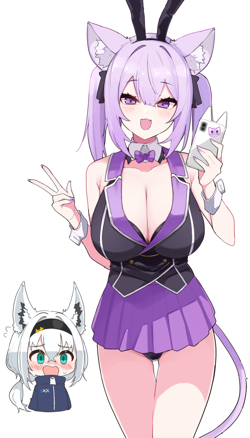 2girls animal_ears blush bow bowtie breasts bunny_garden cat_ears cat_tail cellphone cleavage fang fox_ears green_eyes haseneko highres hololive large_breasts multiple_girls nekomata_okayu phone purple_bow purple_bowtie purple_eyes purple_hair purple_nails purple_skirt rabbit_ears shirakami_fubuki skirt smartphone tail twintails v virtual_youtuber white_background white_hair wrist_cuffs