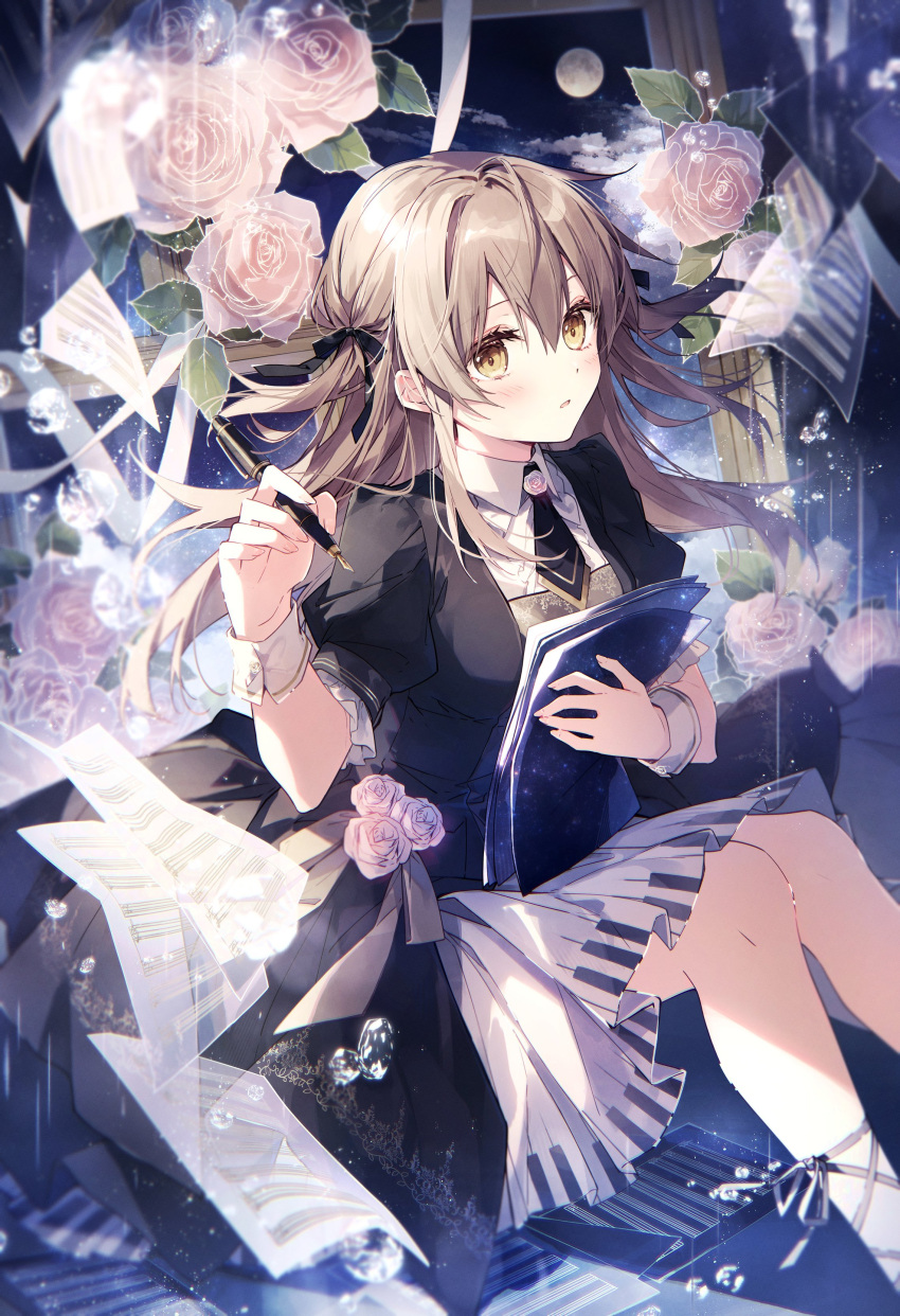 1girl absurdres annelise_(mochizuki_shiina) black_dress black_necktie blush brown_hair collared_shirt dot_nose dress feet_out_of_frame flower hair_between_eyes highres holding holding_paper holding_pen hugging_object knees_together_feet_apart miniskirt mochizuki_shiina necktie nib_pen_(object) one_side_up original paper papers parted_lips pen piano_keys picture_frame pink_flower pleated_skirt puffy_short_sleeves puffy_sleeves shirt short_sleeves sitting skirt solo white_shirt white_skirt white_wrist_cuffs wrist_cuffs yellow_eyes