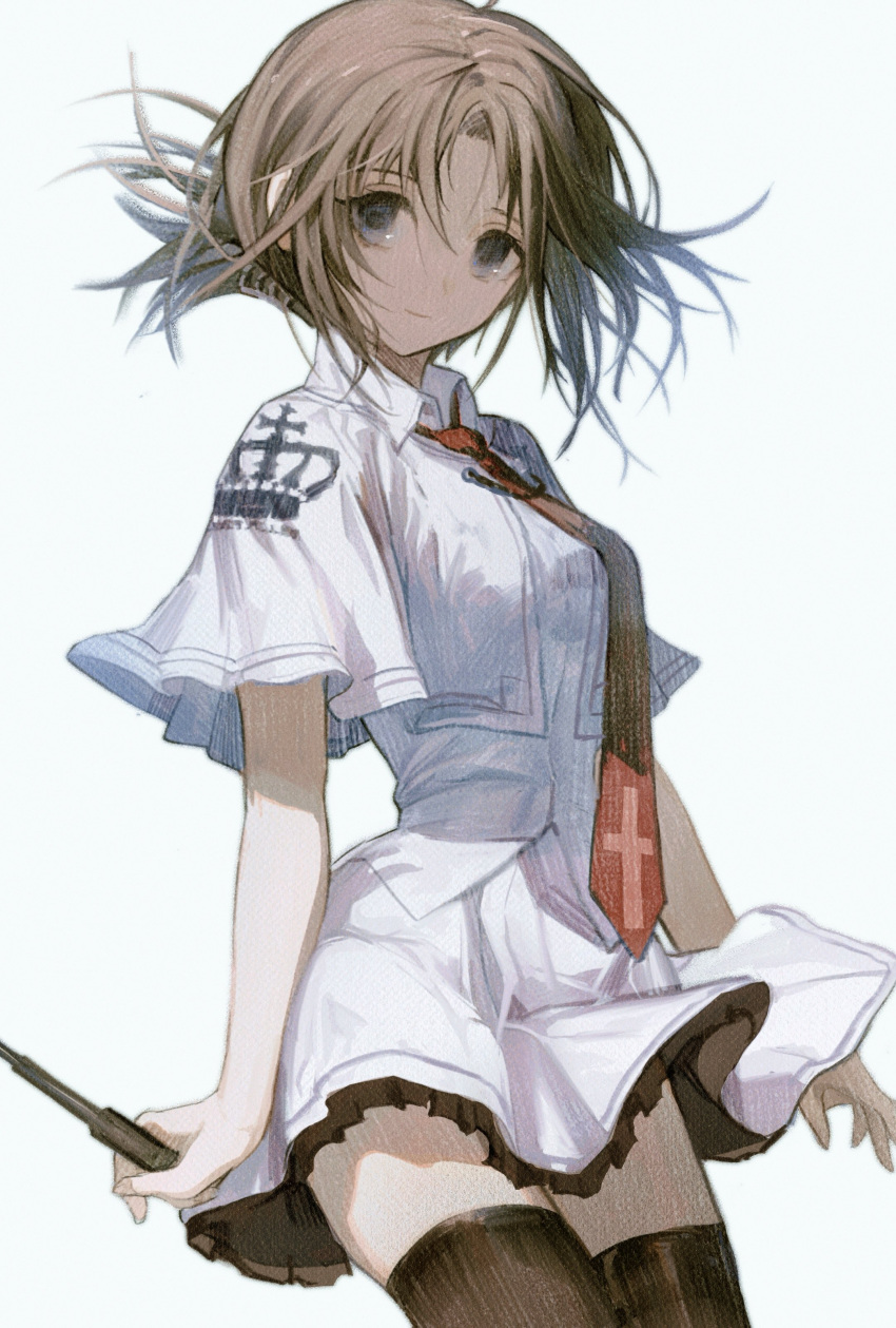 1girl absurdres baton_(weapon) black_thighhighs brown_hair cowboy_shot expandable_baton folded_ponytail grey_eyes highres looking_at_viewer nagamerin necktie red_necktie shirt simple_background skirt smile solo subarashiki_hibi tachibana_kimika thighhighs weapon white_background white_shirt white_skirt zettai_ryouiki