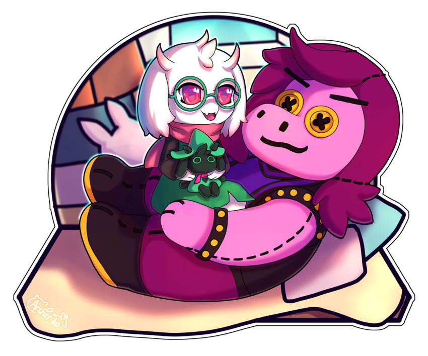 anthro archer-ko bovid caprine chibi deltarune fluffy fluffy_ears fluffy_hair goat hair male mammal plushie ralsei scarf sitting smile solo toy undertale_(series)