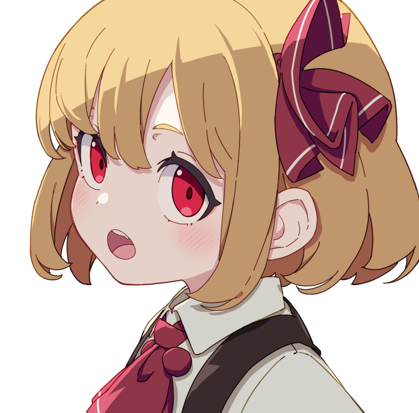 1girl absurdres ascot black_vest blonde_hair blush collared_shirt hair_ribbon highres kame_(kamepan44231) open_mouth portrait red_ascot red_eyes red_ribbon ribbon rumia shirt short_hair simple_background solo touhou vest white_background white_shirt