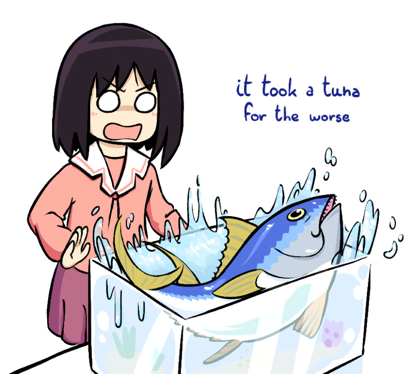 1girl absurdres animal azumanga_daioh black_eyes black_hair english_text fish fish_tank highres kasuga_ayumu looking_at_animal olistar255 sand solo_focus splashing surprised tuna water