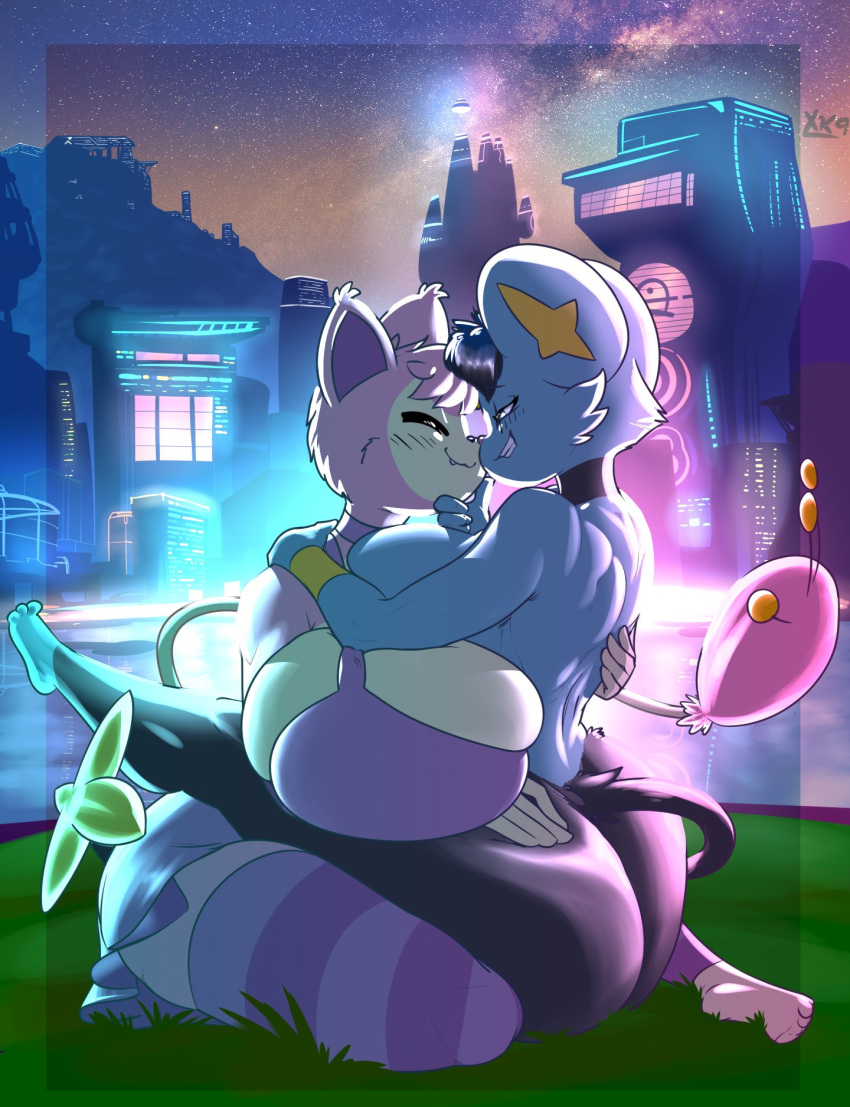 anthro backlighting big_breasts big_butt black_body blue_body breasts butt butt_squish clothing detailed_background duo female generation_3_pokemon generation_4_pokemon hi_res holding_chin huge_breasts huge_butt kneeling leggings legwear light lighting love neon_lights night nintendo pink_body pink_clothing pokemon pokemon_(species) shinx sitting_on_another skitty sky squish star starry_sky white_body xaveknyne yellow_body