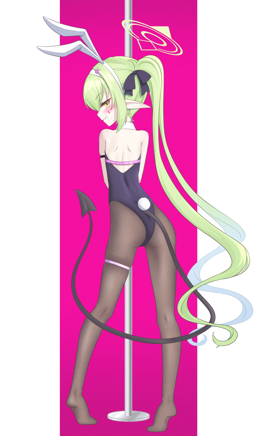 1girl absurdres animal_ears arm_strap ass bare_shoulders black_leotard blue_archive blush demon_girl demon_tail detached_collar earrings from_behind full_body gnoet gradient_hair green_hair green_halo grin hair_ornament hairband halo highres hip_focus jewelry legs_apart leotard long_hair looking_at_viewer looking_back multicolored_hair nozomi_(blue_archive) pantyhose pink_background pole pole_dancing rabbit_ears rabbit_girl rabbit_hair_ornament rabbit_hole_(vocaloid) rabbit_tail skindentation smile smug solo standing strapless strapless_leotard stripper_pole tail thigh_strap tiptoes twintails very_long_hair white_hairband yellow_eyes