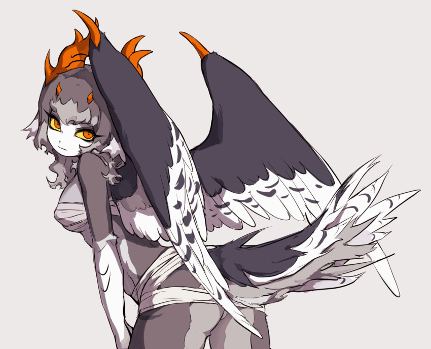1girl antlers bandages bird_girl bird_tail bird_wings body_fur bright_pupils closed_mouth colored_sclera colored_skin colored_tips cowboy_shot cyany english_commentary feathered_wings grey_background grey_fur grey_hair grey_skin grey_wings highres horns imuthar_(cyany) leaning_forward long_hair looking_at_viewer looking_back monster_girl multicolored_hair multiple_horns naked_bandage orange_eyes orange_horns original simple_background solo standing tail white_pupils white_skin wings yellow_sclera