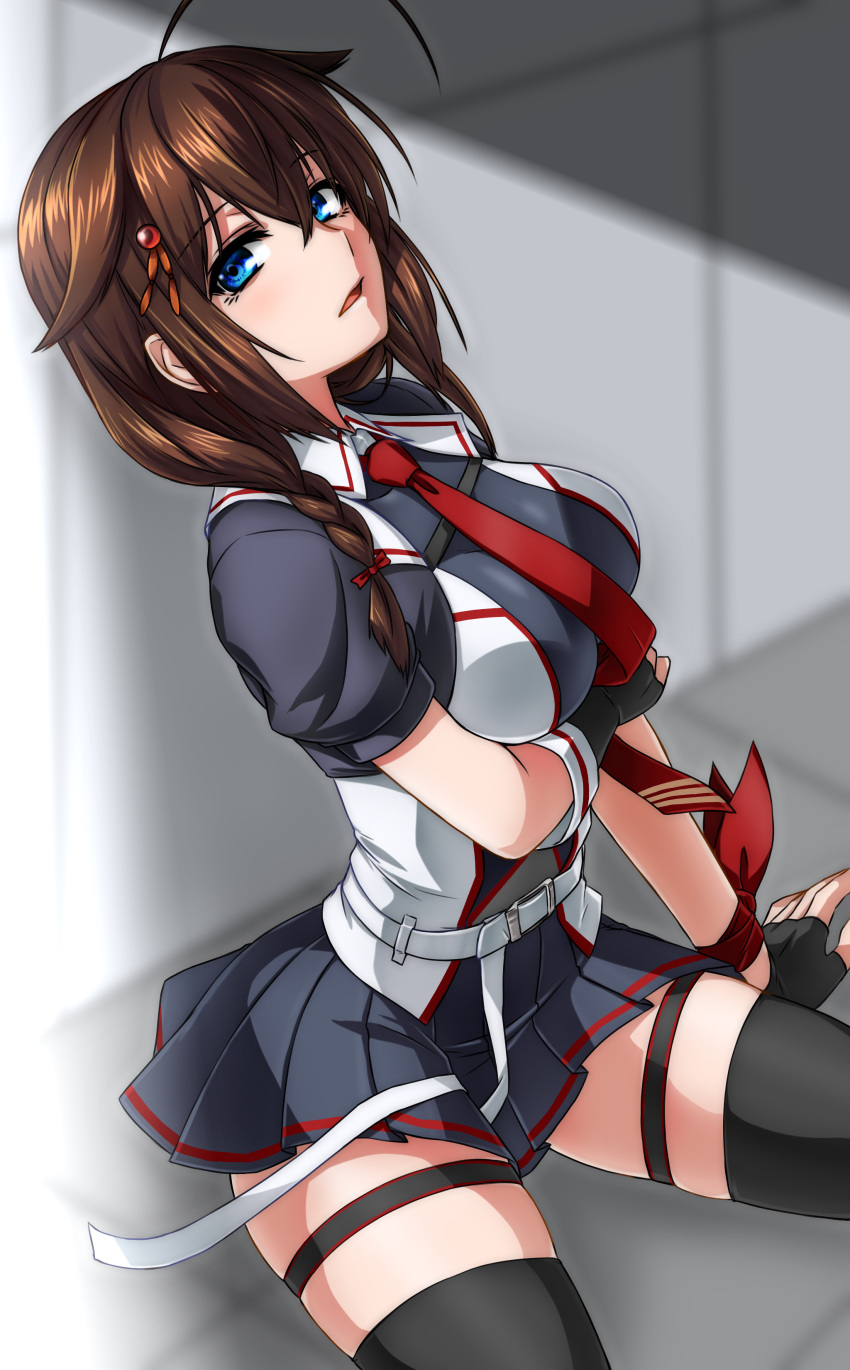 1girl absurdres ahoge akito_(sub707) belt black_gloves black_hair blue_eyes braid breasts brown_hair gloves hair_between_eyes hair_flaps hair_over_shoulder highres kantai_collection large_breasts long_hair looking_at_viewer necktie pleated_skirt red_necktie shigure_(kancolle) shigure_kai_san_(kancolle) shirt single_braid skirt solo white_belt